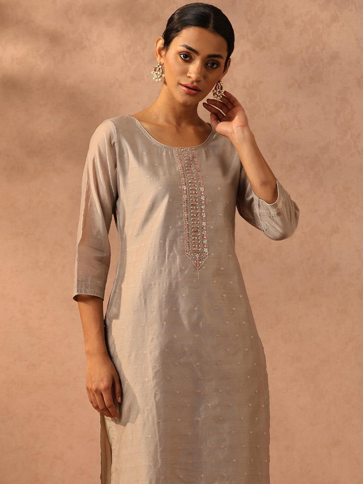 Grey Embroidered Chanderi Silk Straight Kurta