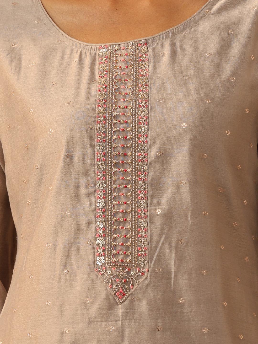 Grey Embroidered Chanderi Silk Straight Kurta - ShopLibas