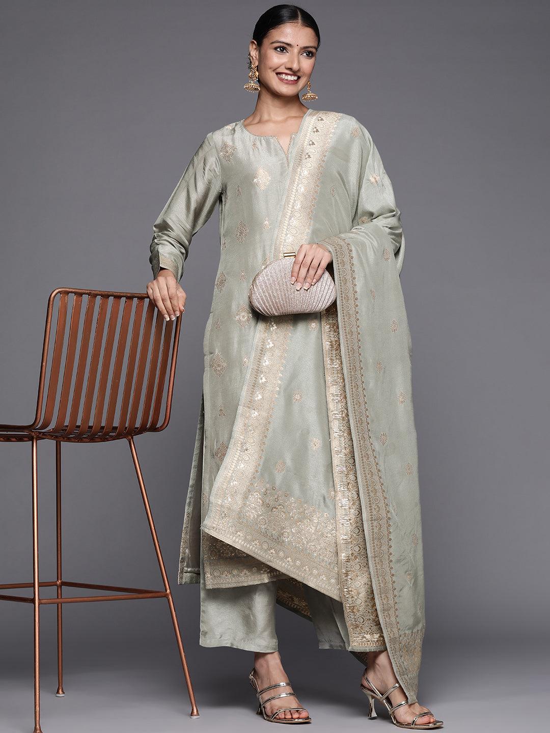 Grey Self Design Chanderi Silk Straight Suit Set - ShopLibas