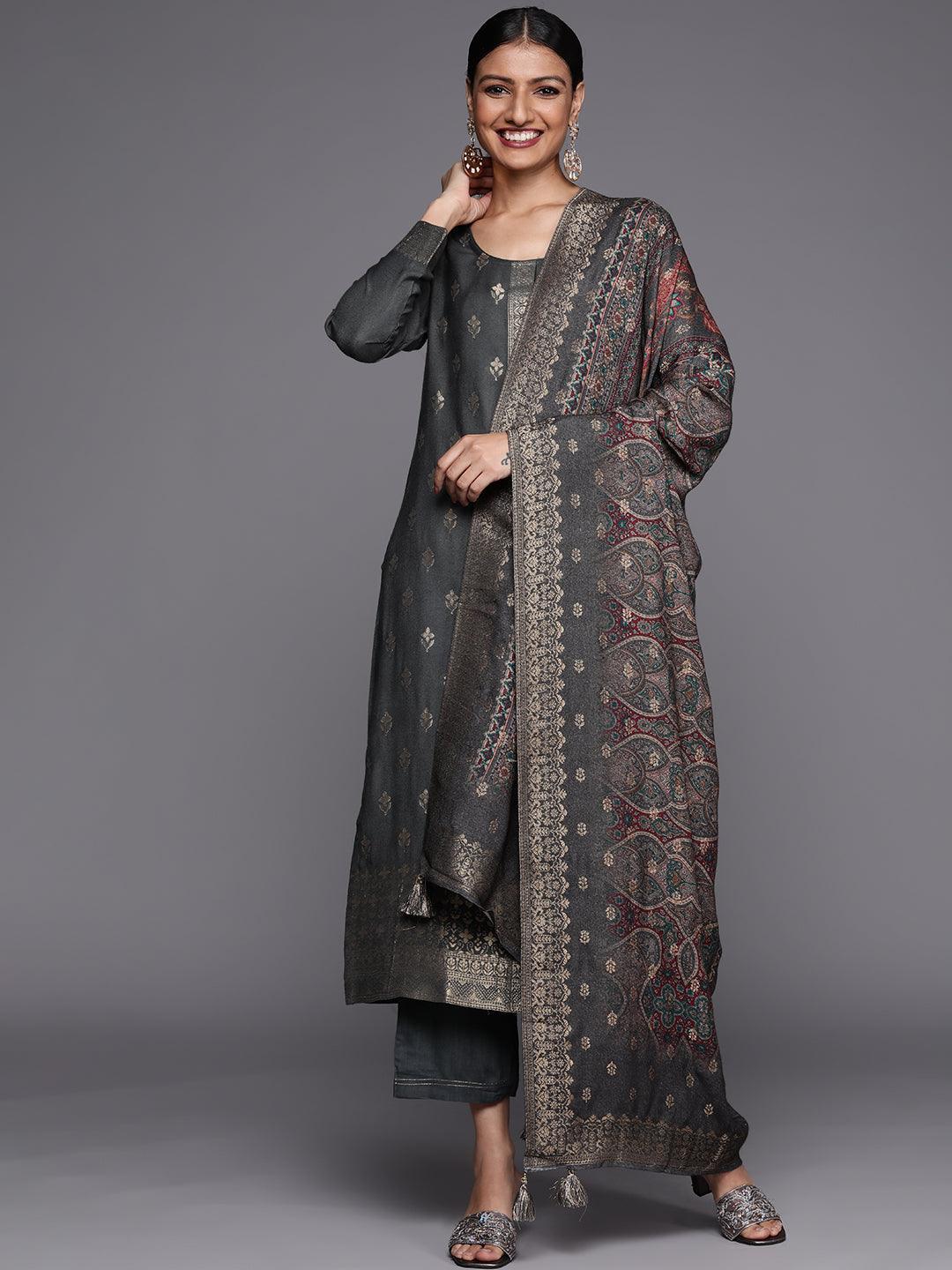Grey Self Design Pashmina Wool Straight Suit Set - ShopLibas