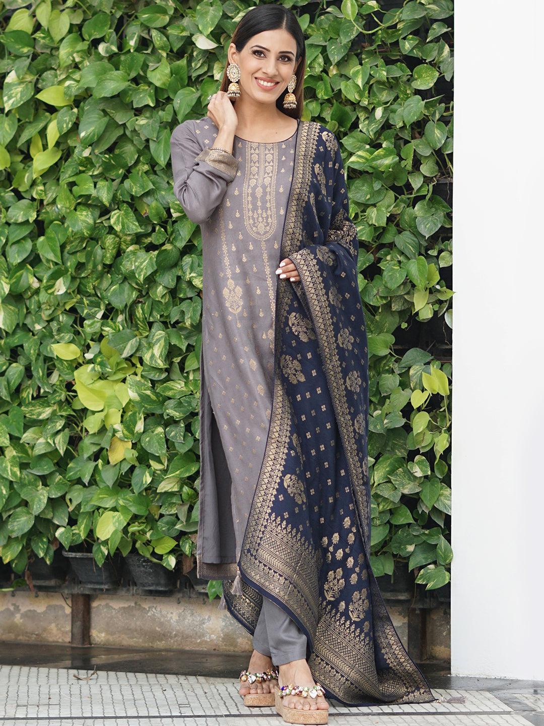 Grey Self Design Pashmina Wool Straight Suit Set - ShopLibas