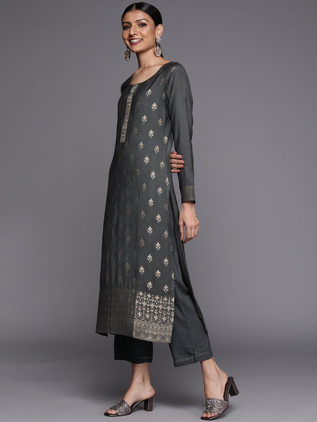 Grey Self Design Pashmina Wool Straight Suit Set - ShopLibas