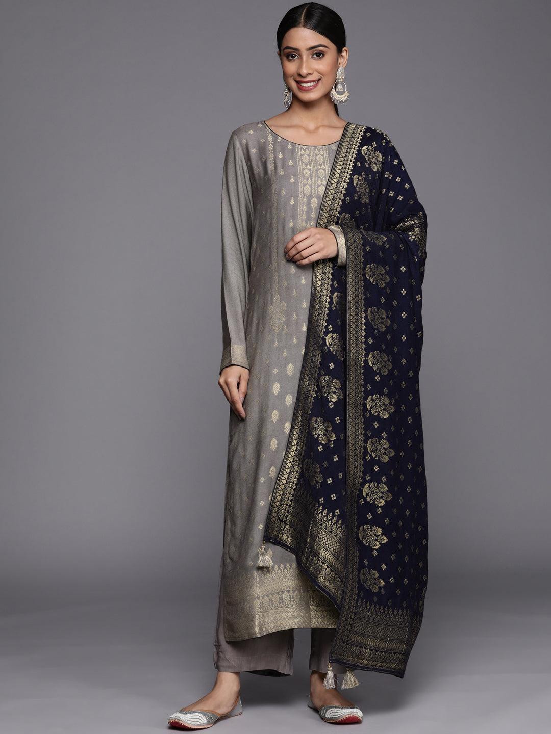 Grey Self Design Pashmina Wool Straight Suit Set - ShopLibas
