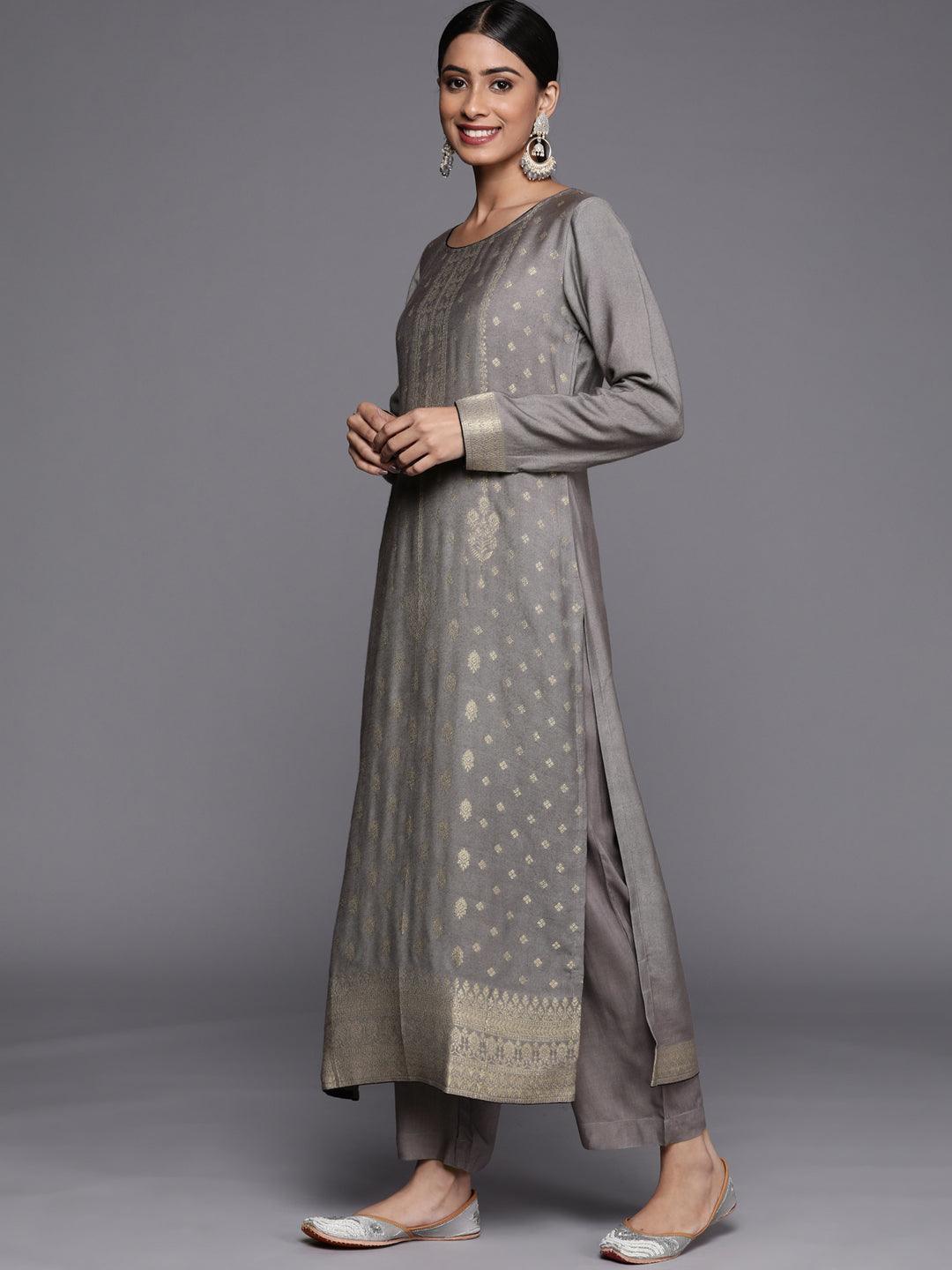 Grey Self Design Pashmina Wool Straight Suit Set - ShopLibas