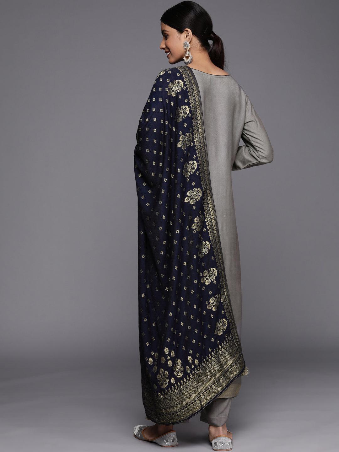 Grey Self Design Pashmina Wool Straight Suit Set - ShopLibas