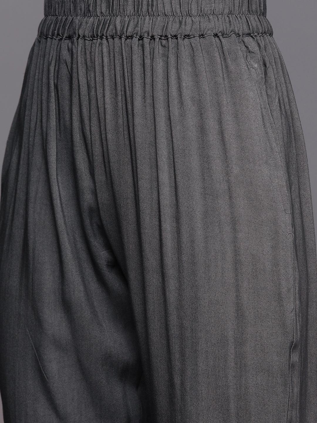 Grey Self Design Pashmina Wool Straight Suit Set - ShopLibas