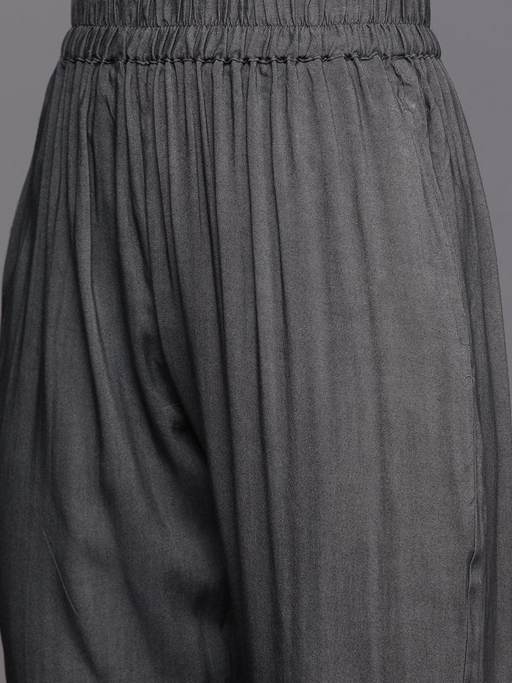 Grey Self Design Pashmina Wool Straight Suit Set