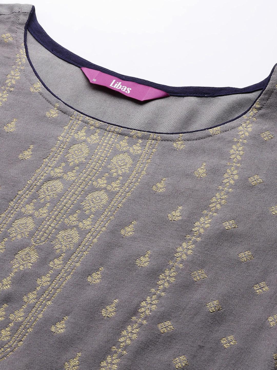 Grey Self Design Pashmina Wool Straight Suit Set - ShopLibas