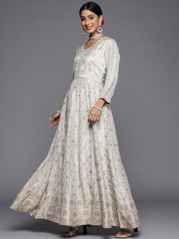 Grey Self Design Silk Anarkali Suit Set