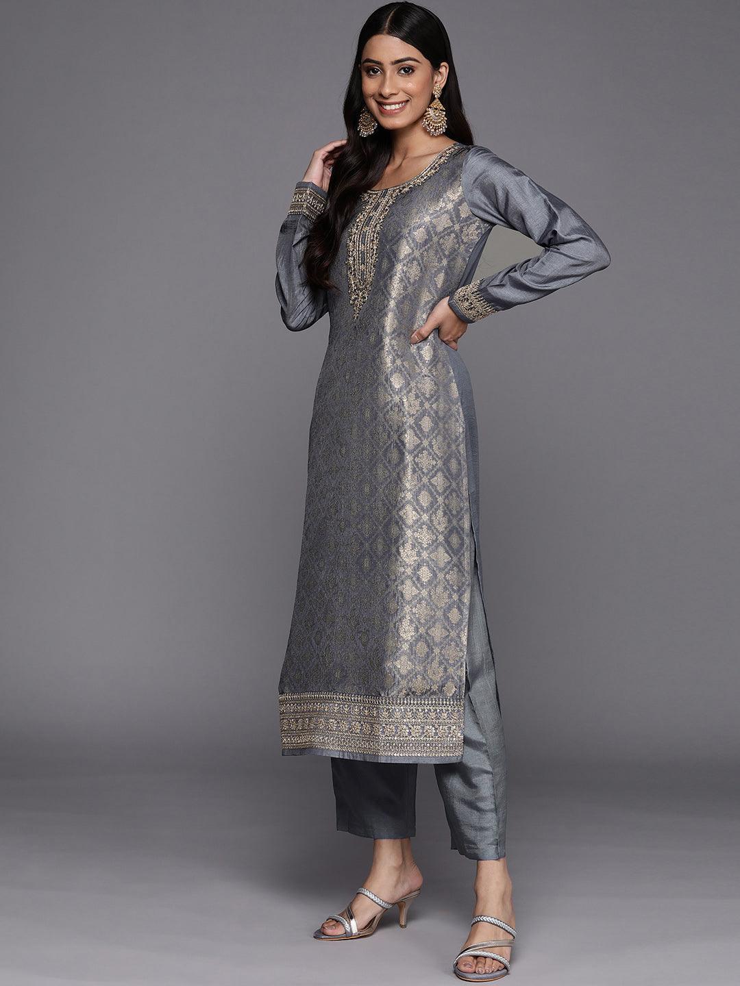 Grey Self Design Silk Blend Straight Suit Set - ShopLibas