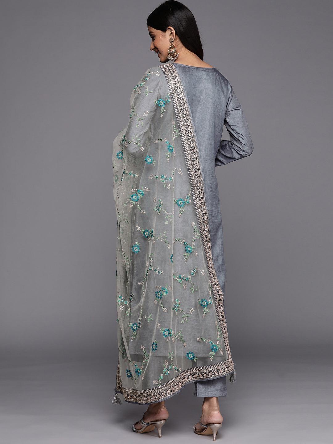 Grey Self Design Silk Blend Straight Suit Set - ShopLibas