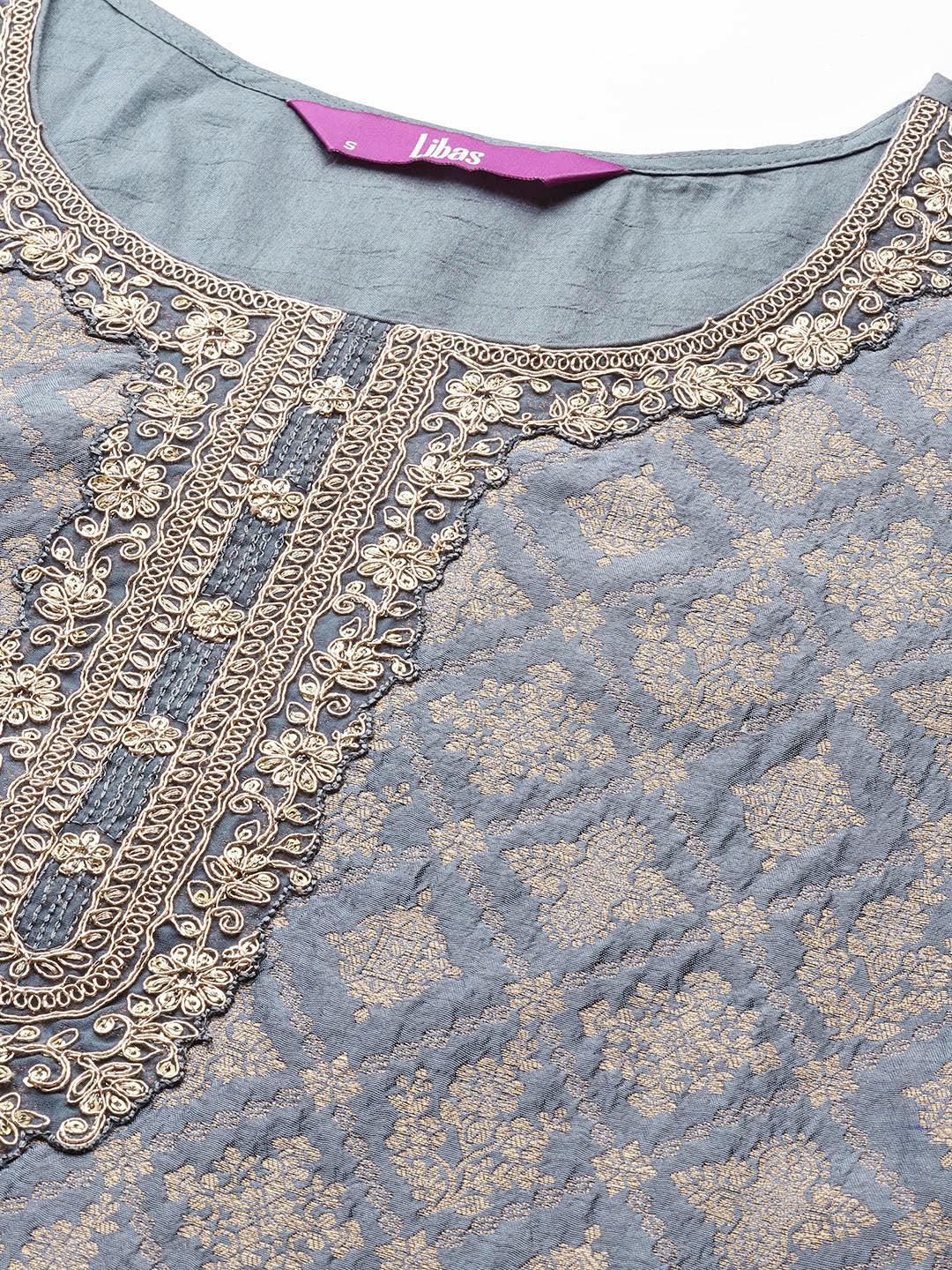 Grey Self Design Silk Blend Straight Suit Set - ShopLibas