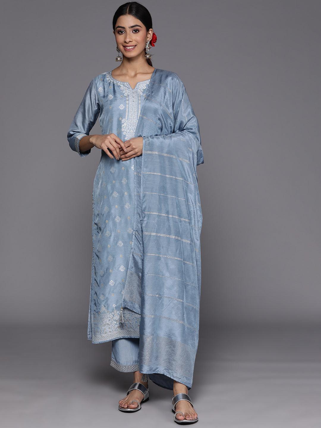 Grey Self Design Silk Blend Suit Set With Trousers - ShopLibas