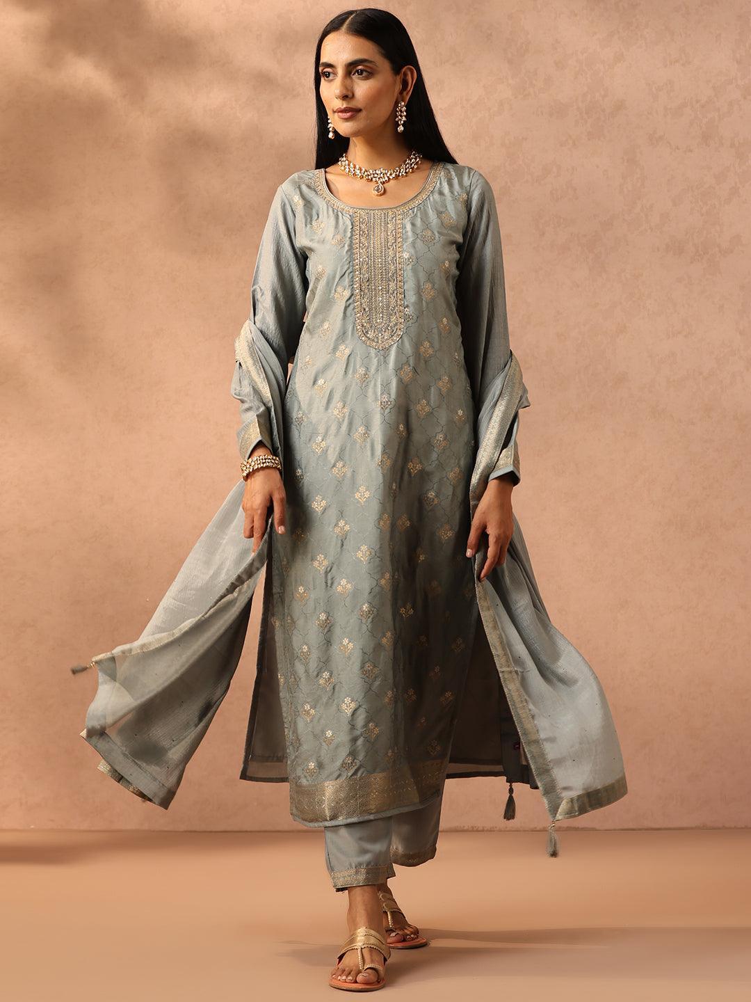 Grey Self Design Silk Blend Suit Set With Trousers - ShopLibas