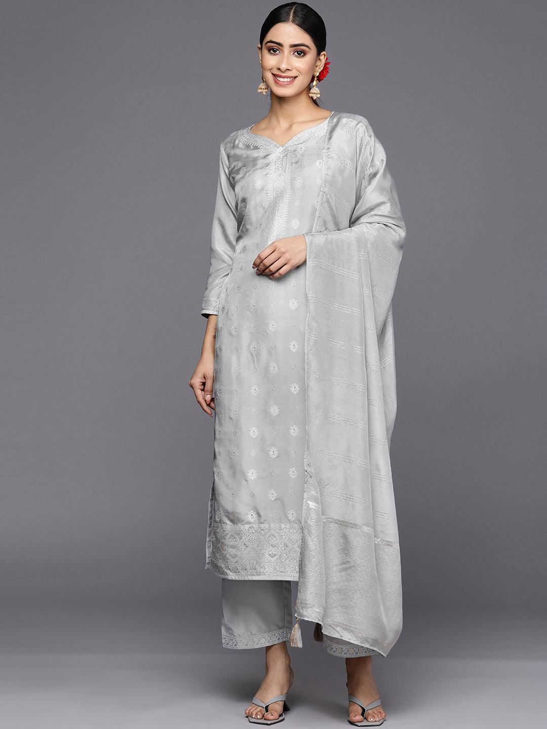 Grey Self Design Silk Blend Straight Suit Set With Trousers - ShopLibas