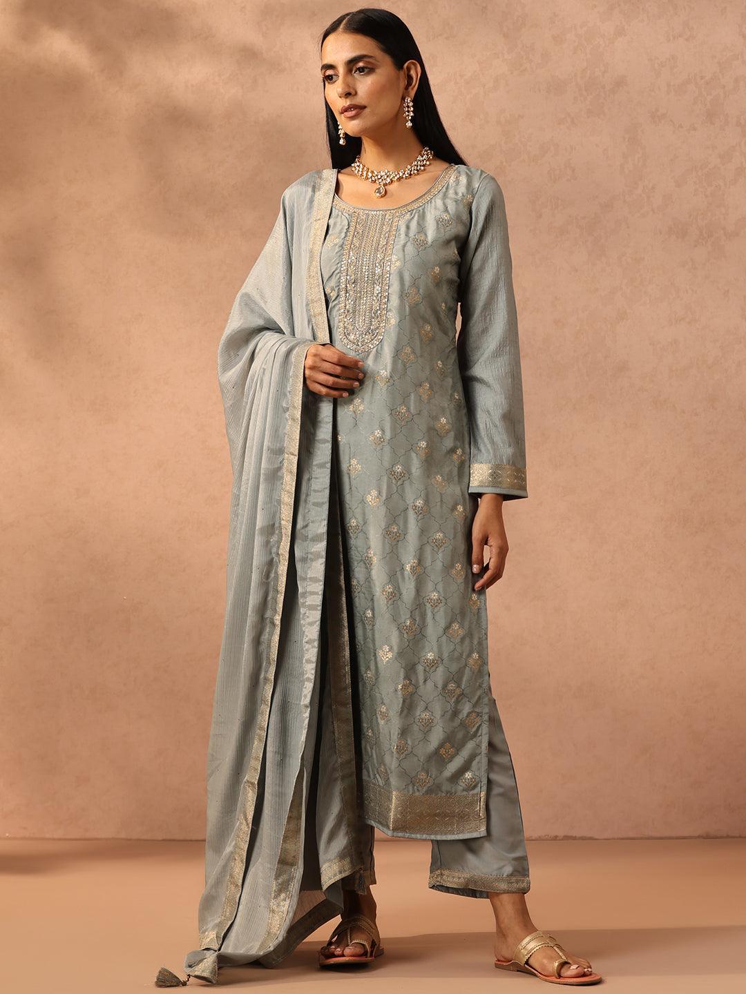 Grey Self Design Silk Blend Suit Set With Trousers - ShopLibas