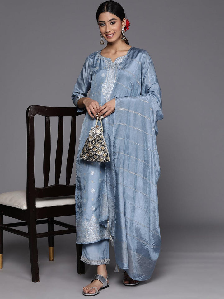 Grey Self Design Silk Blend Suit Set With Trousers