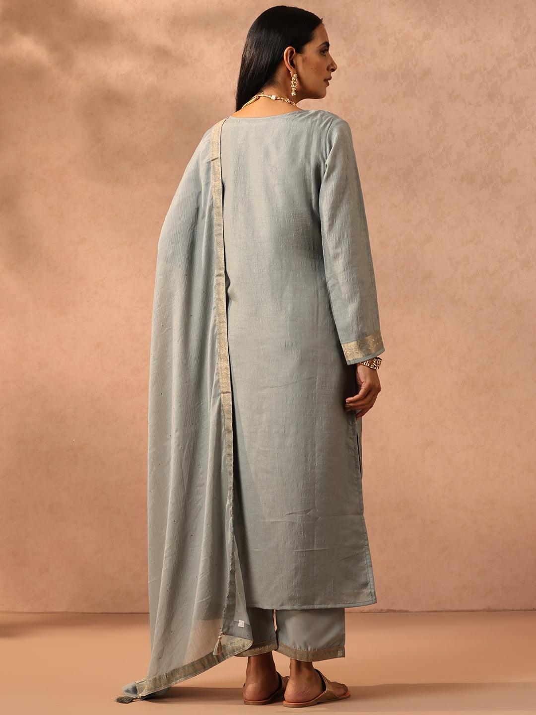 Grey Self Design Silk Blend Suit Set With Trousers - ShopLibas