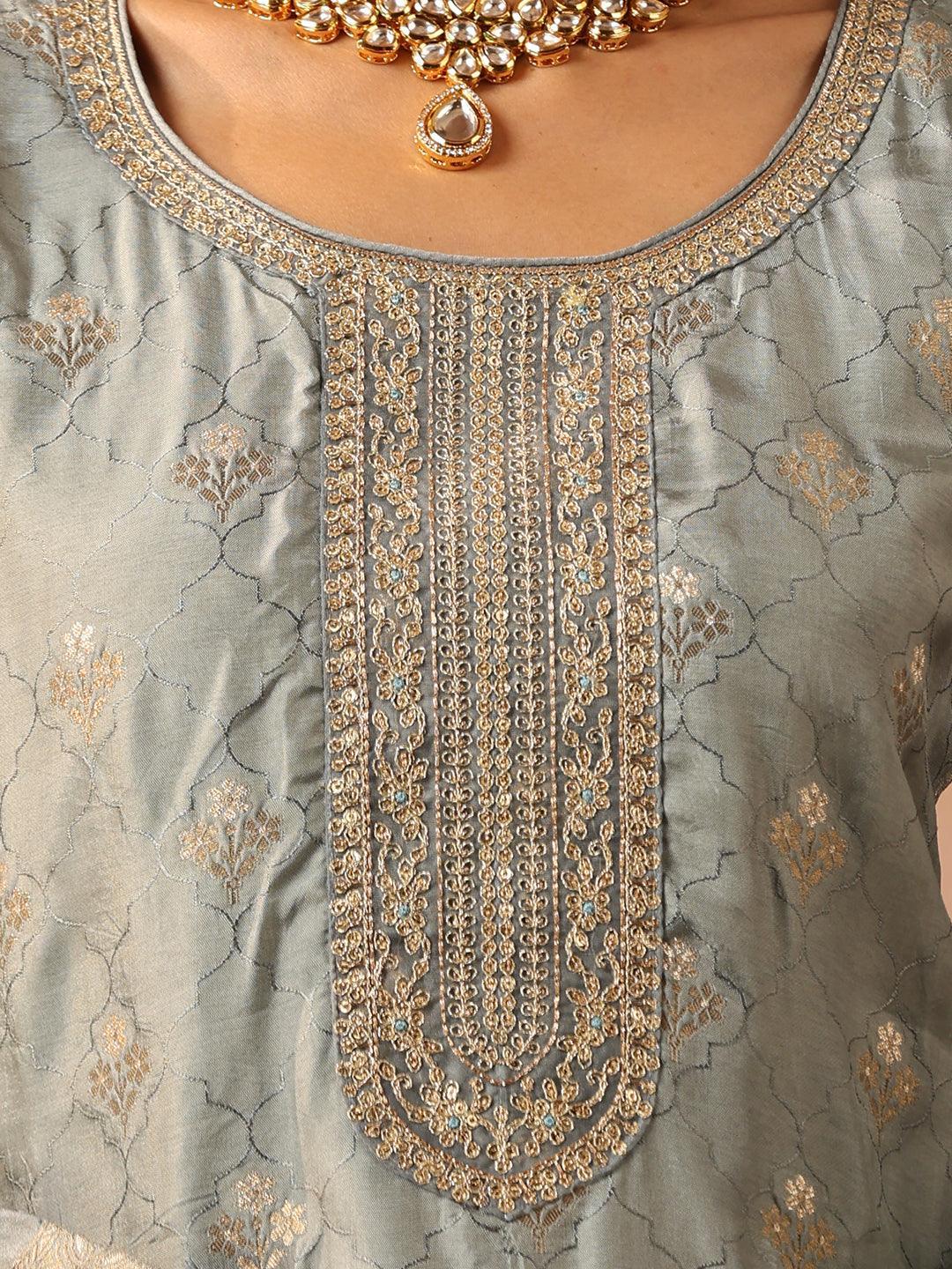 Grey Self Design Silk Blend Suit Set With Trousers - ShopLibas