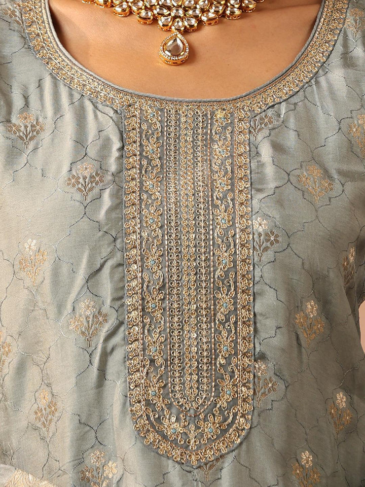 Grey Self Design Silk Blend Suit Set With Trousers