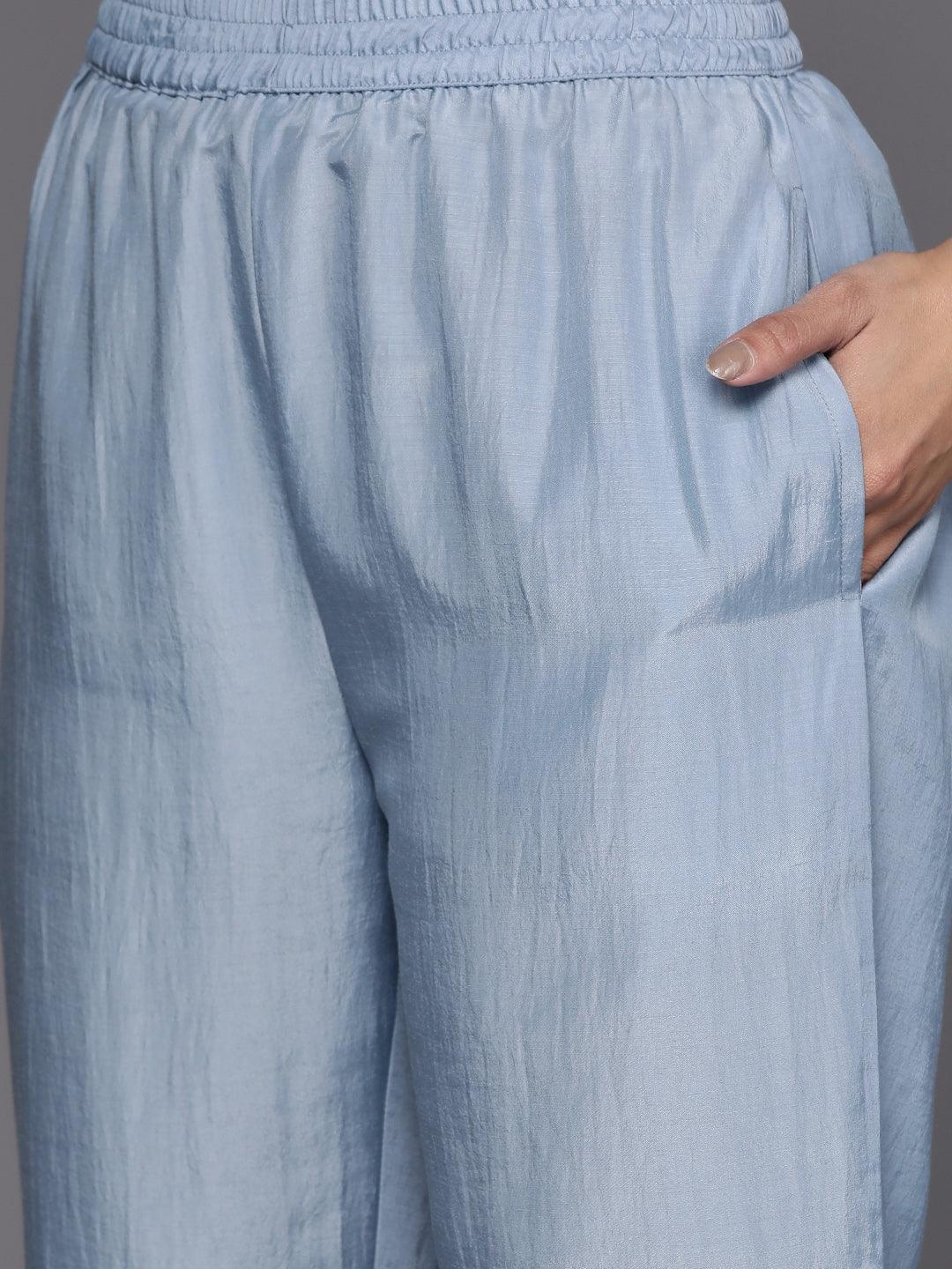 Grey Self Design Silk Blend Suit Set With Trousers - ShopLibas