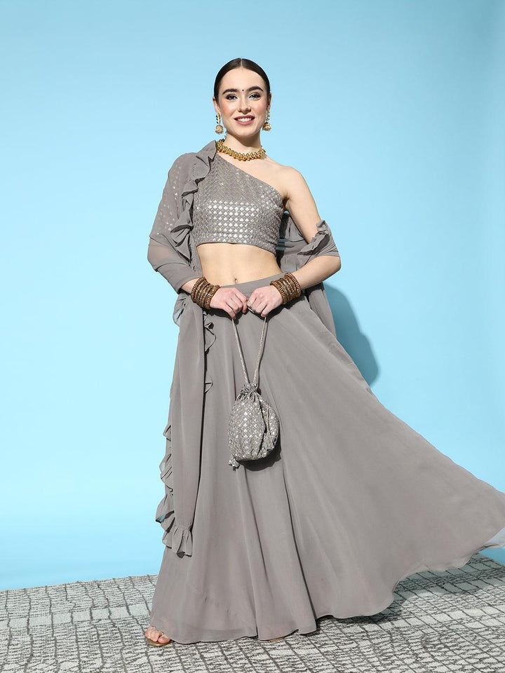 Grey Sequinned Georgette Lehenga Set With Potli