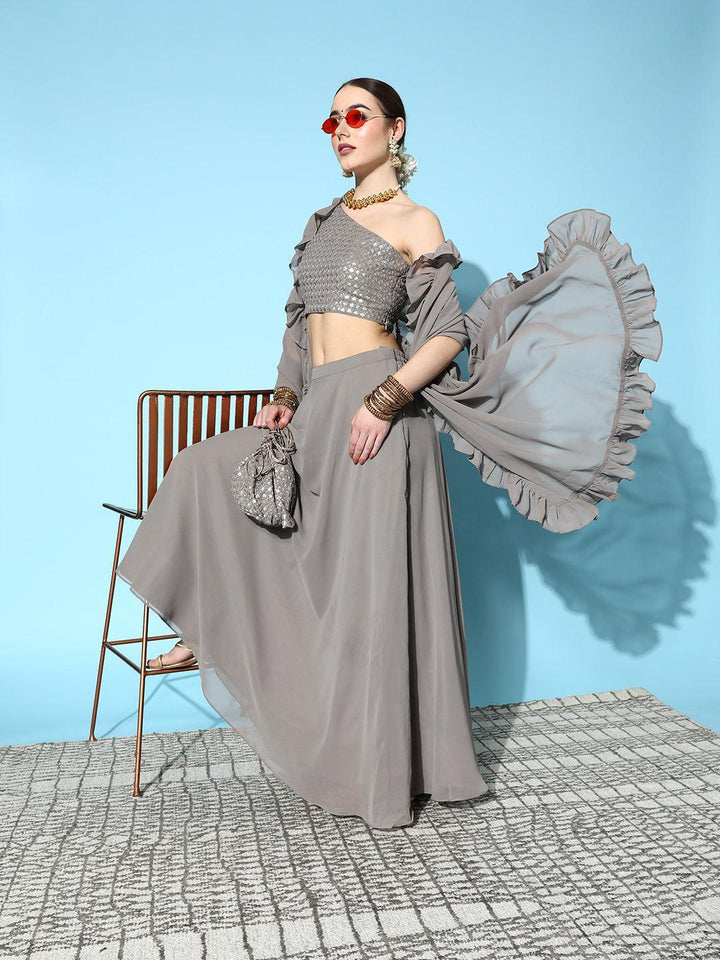 Grey Sequinned Georgette Lehenga Set With Potli