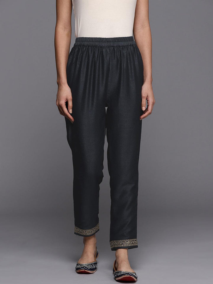 Grey Solid Silk Blend Trousers