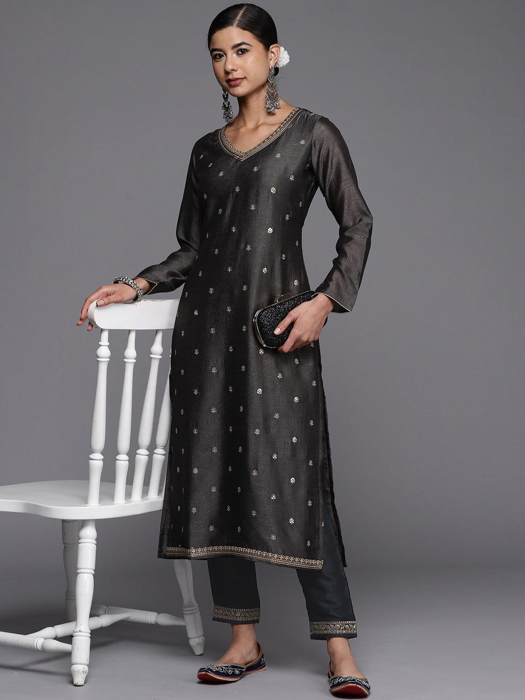 Grey Solid Silk Blend Trousers - Libas