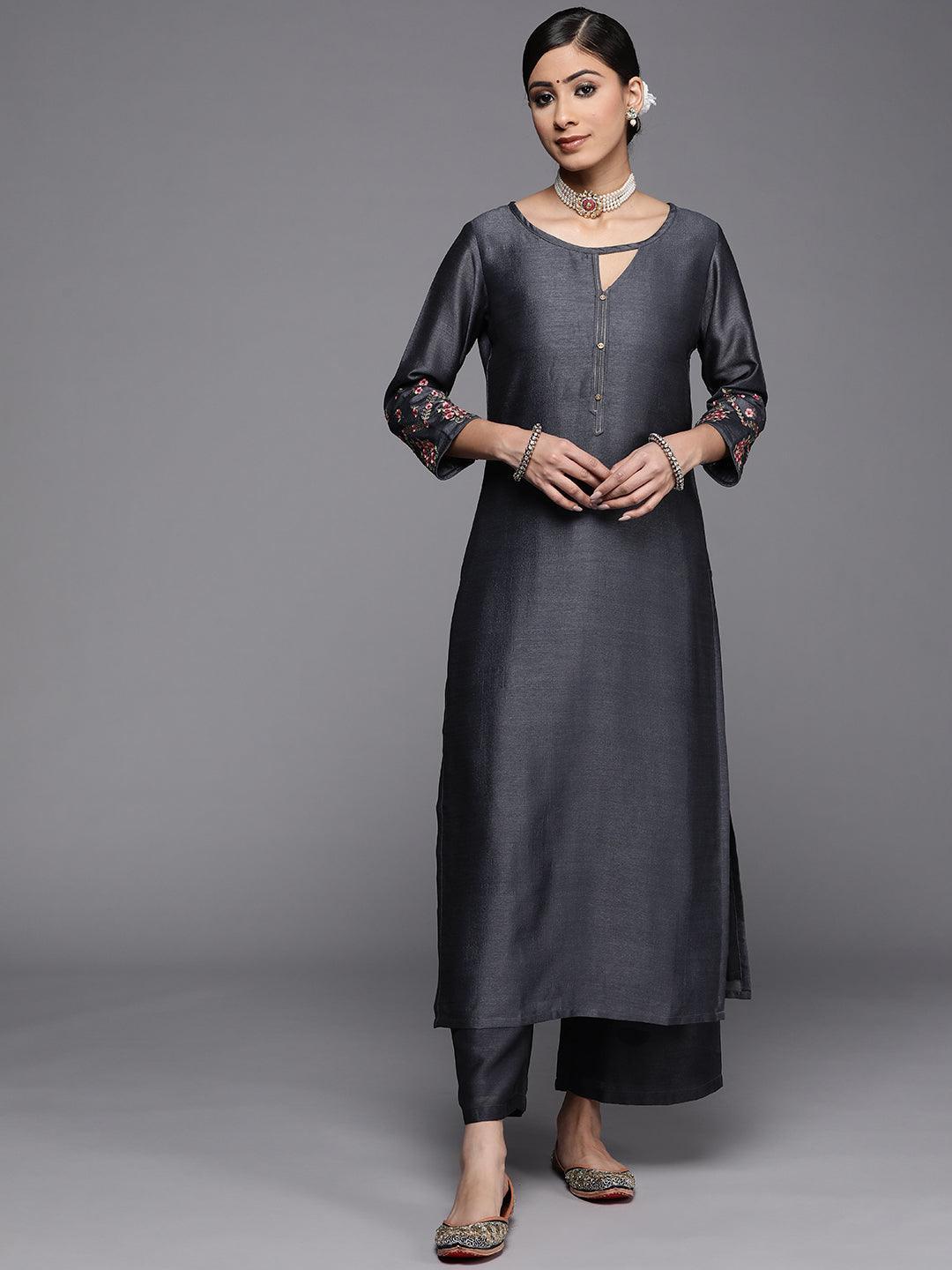 Grey Solid Silk Kurta - ShopLibas