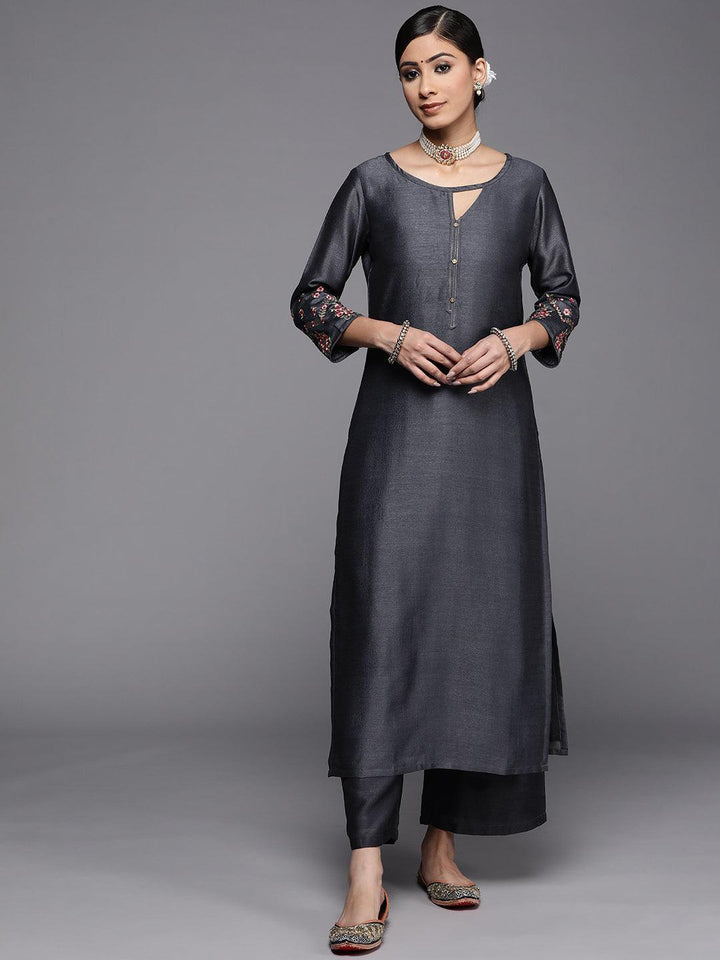 Grey Solid Silk Kurta