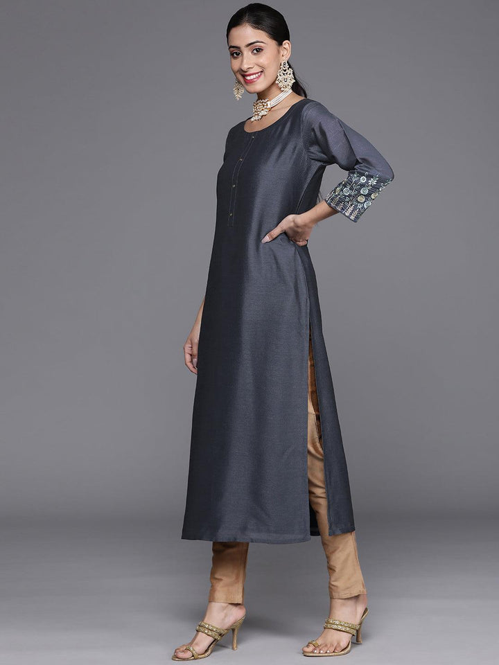 Grey Solid Silk Kurta