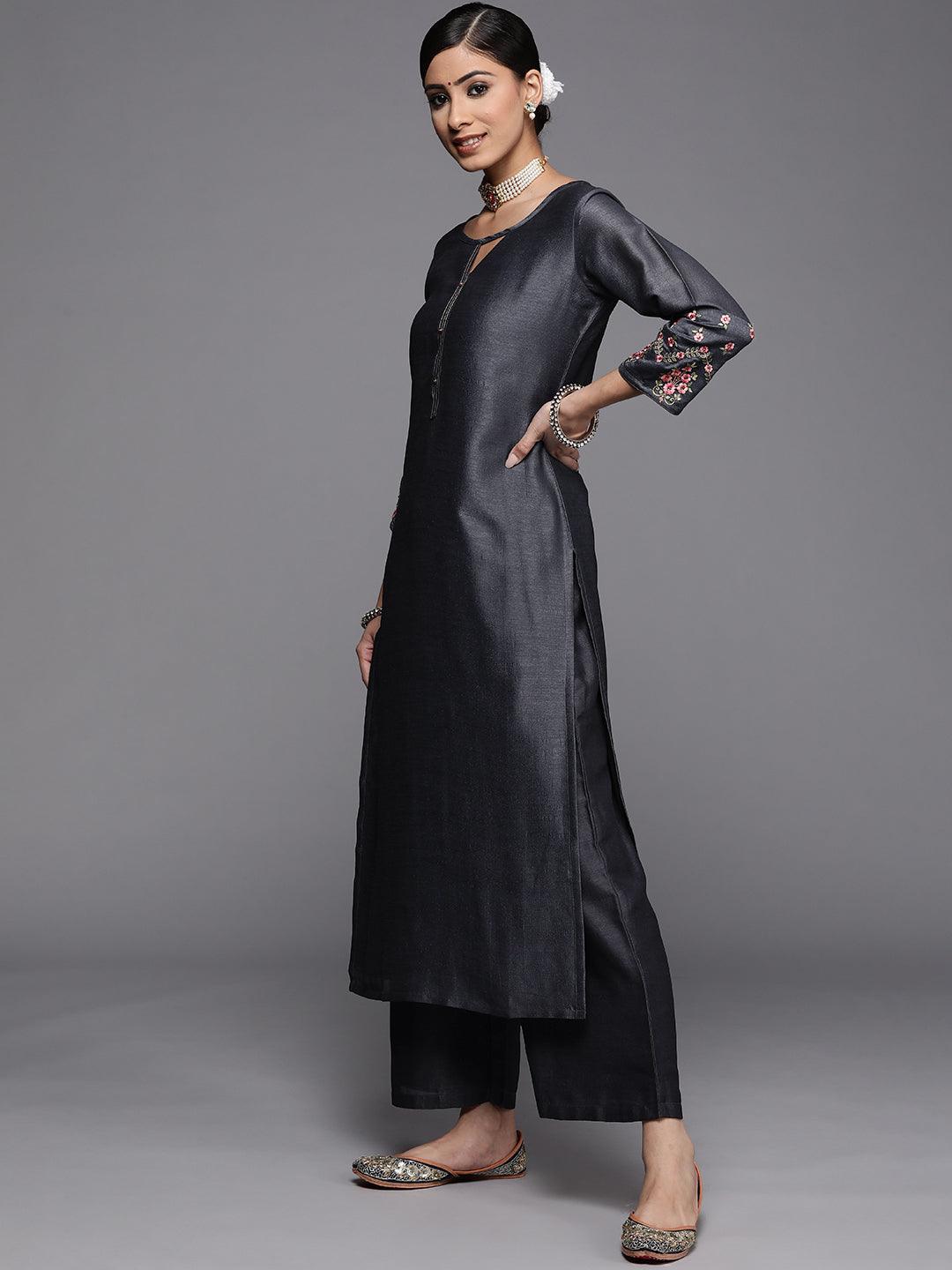 Grey Solid Silk Kurta - ShopLibas