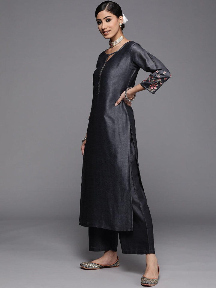 Grey Solid Silk Kurta