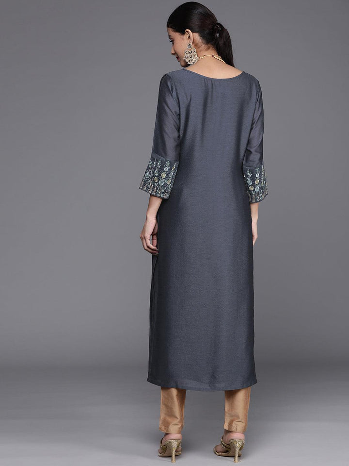 Grey Solid Silk Kurta