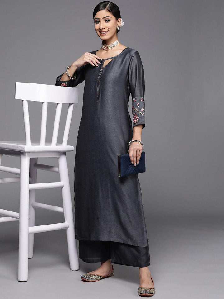 Grey Solid Silk Kurta