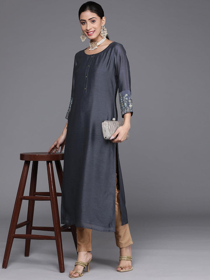 Grey Solid Silk Kurta