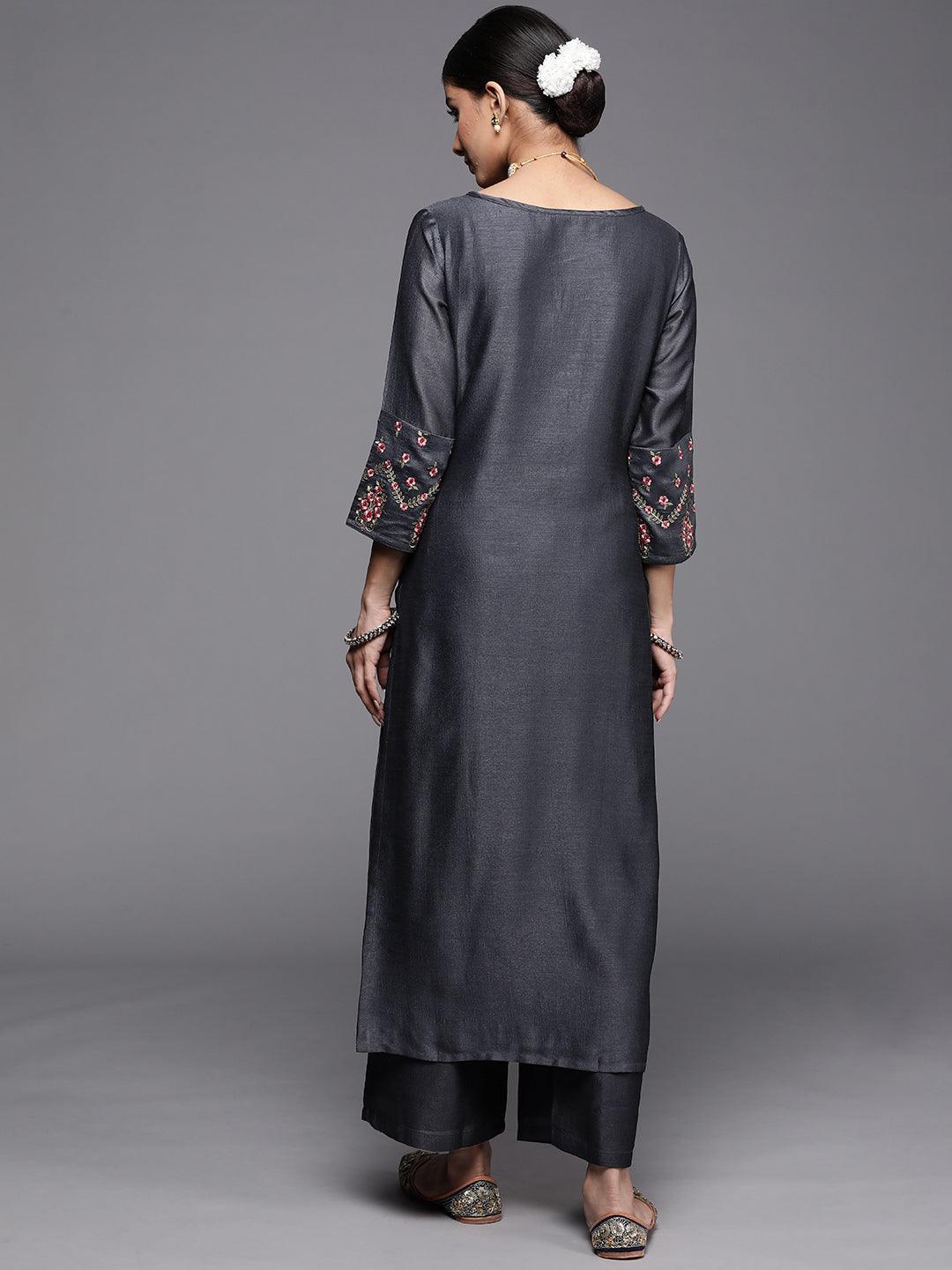 Grey Solid Silk Kurta - ShopLibas