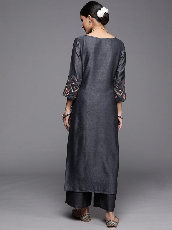 Grey Solid Silk Kurta
