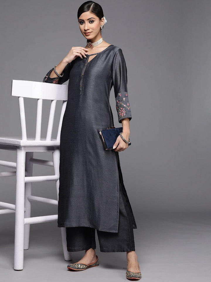 Grey Solid Silk Palazzos