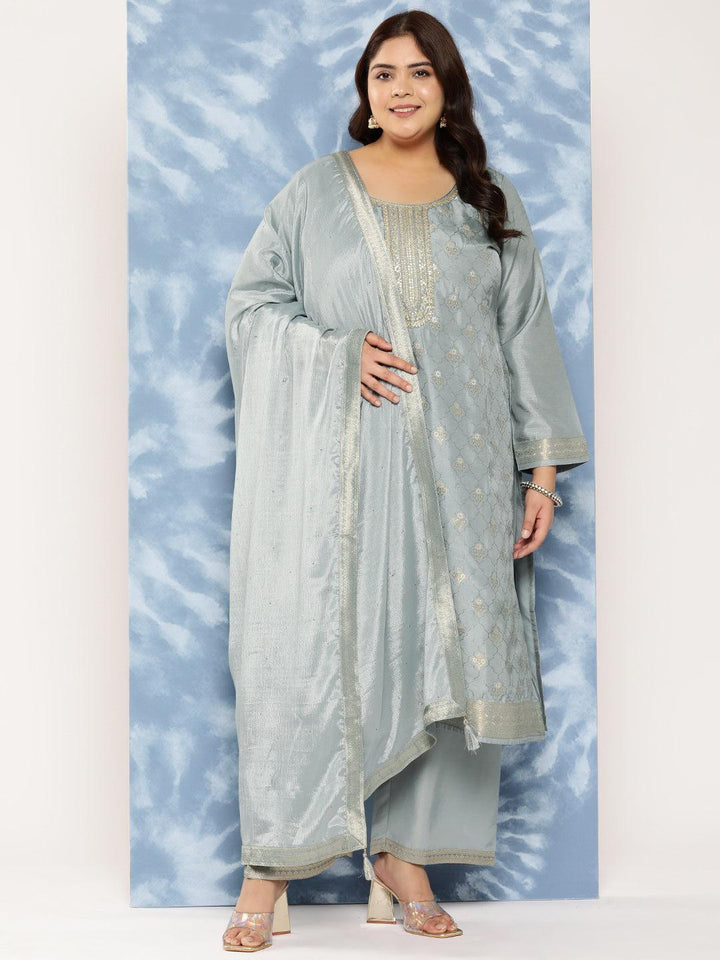 Grey Woven Design Silk Blend Straight Kurta With Trousers and Dupatta