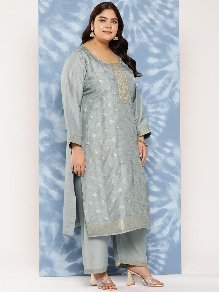 Grey Woven Design Silk Blend Straight Kurta With Trousers and Dupatta