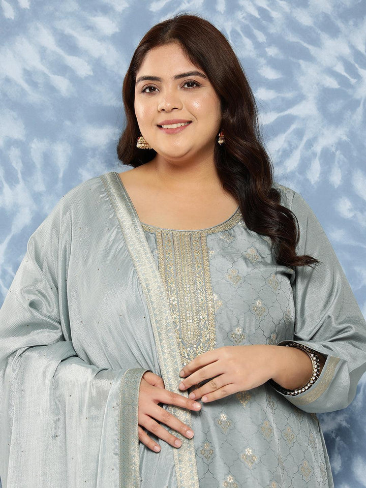 Grey Woven Design Silk Blend Straight Kurta With Trousers and Dupatta