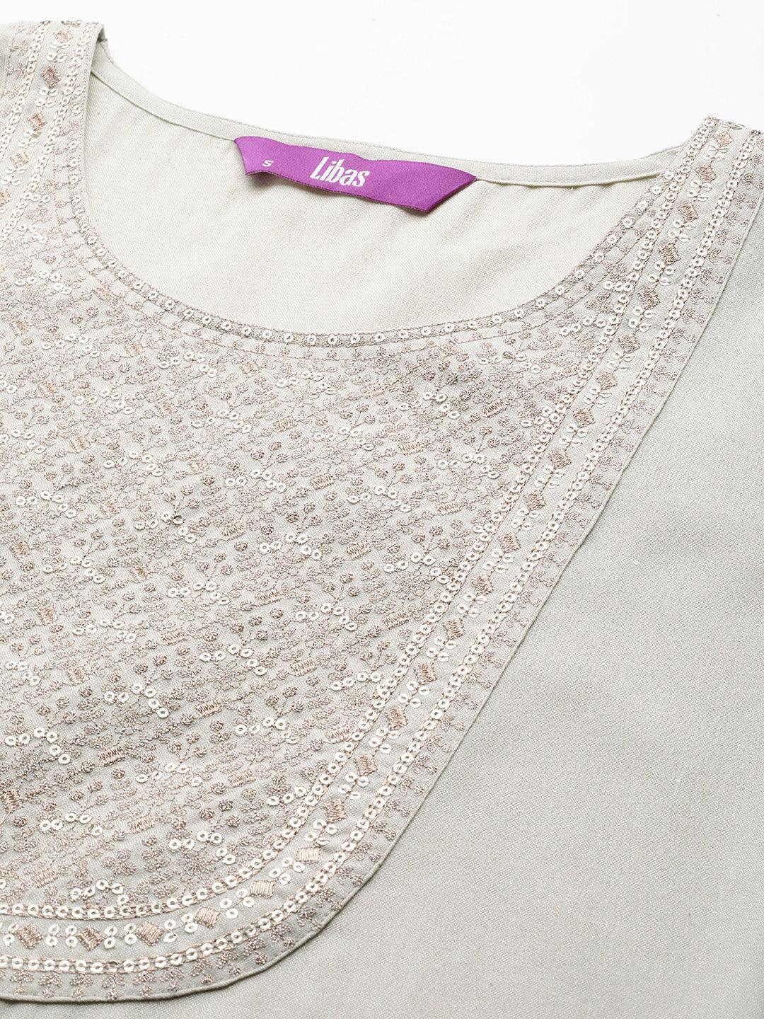 Grey Yoke Design Cotton Straight Kurta - Libas