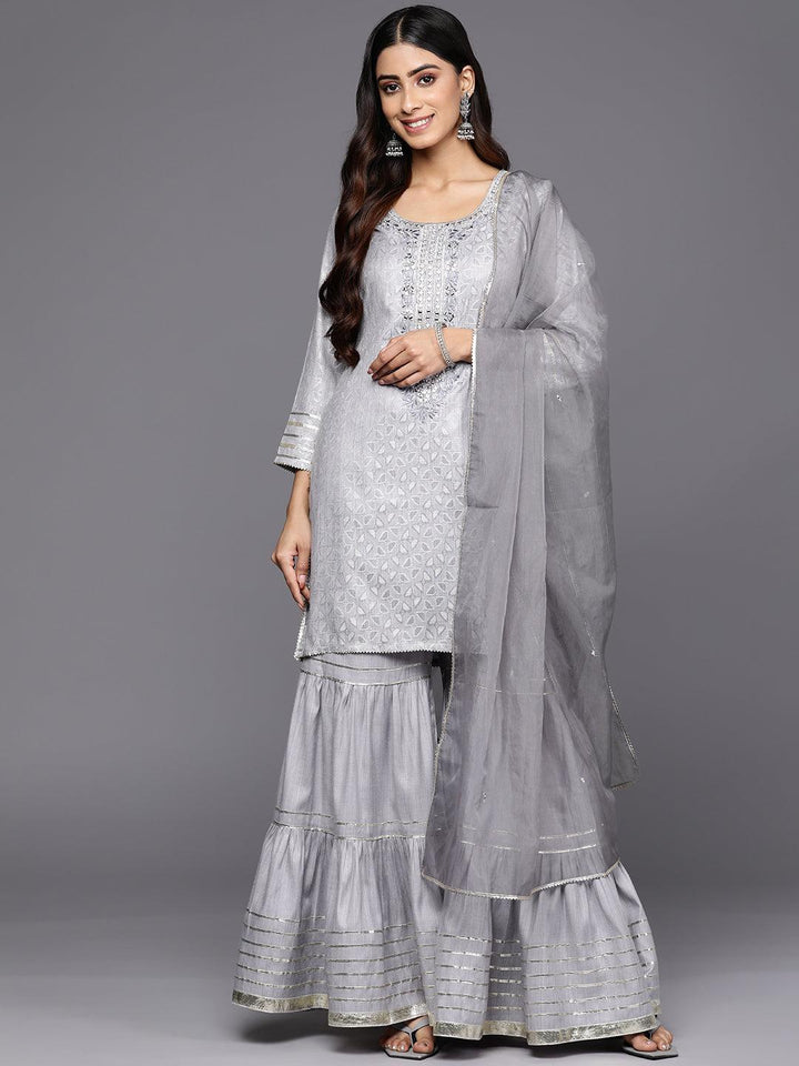 Grey Yoke Design Cotton Straight Suit Set With Sharara
