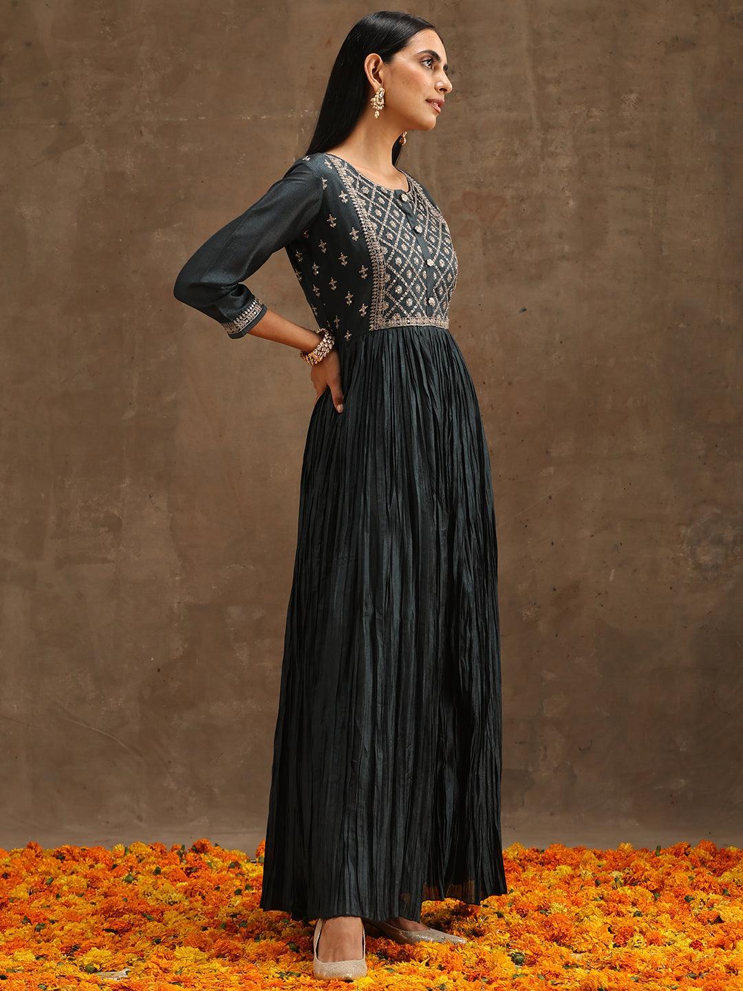 Grey Yoke Design Silk Blend Anarkali Suit Set With Trousers - ShopLibas