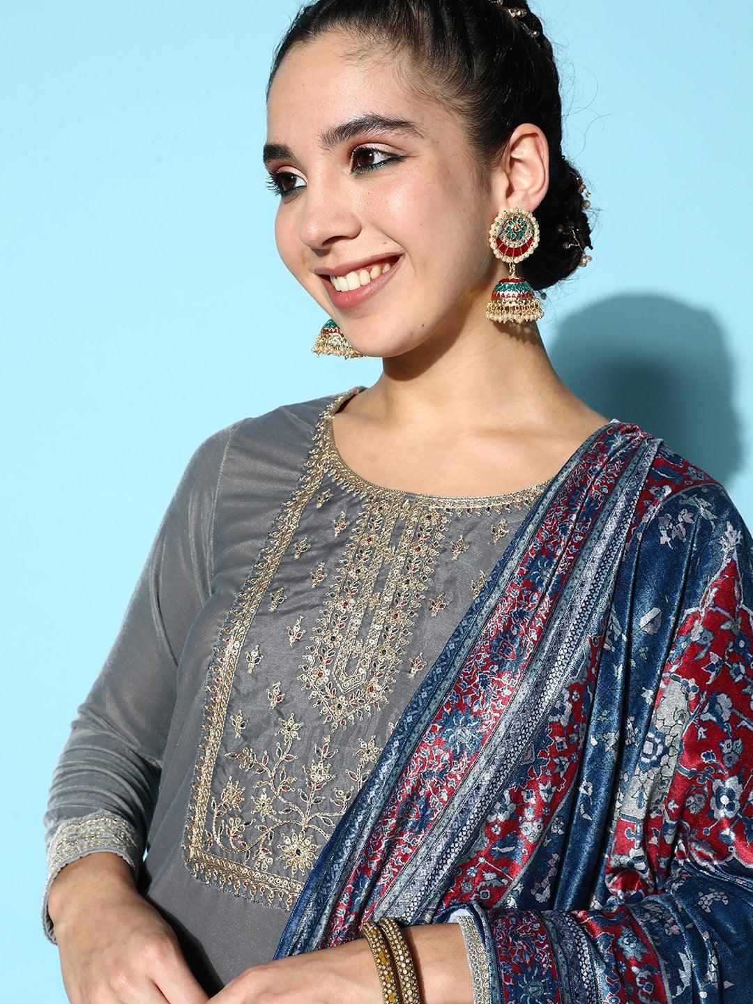 Grey Yoke Design Velvet Straight Suit Set - ShopLibas