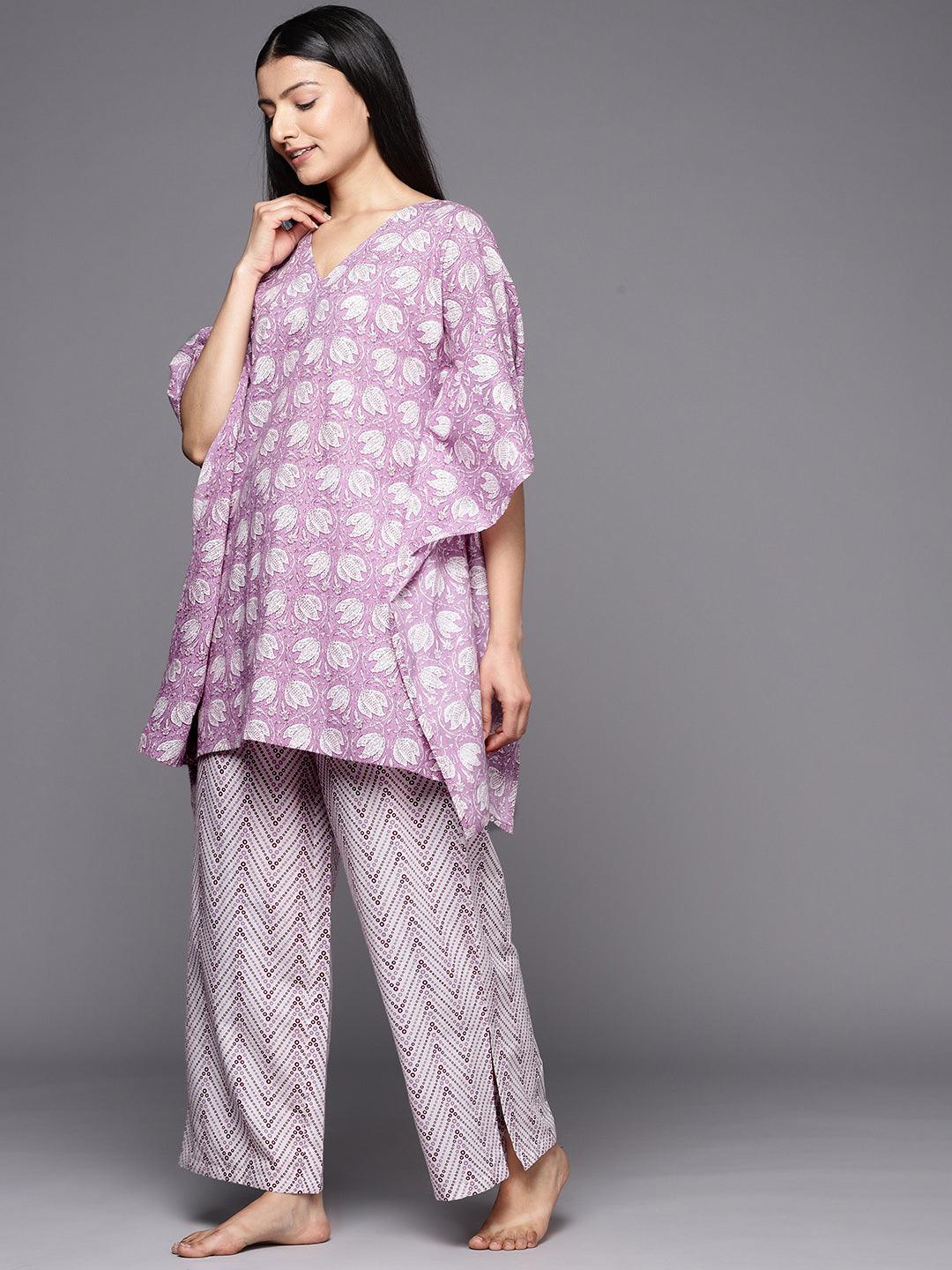 Lavender Printed Cotton Night Suit - ShopLibas