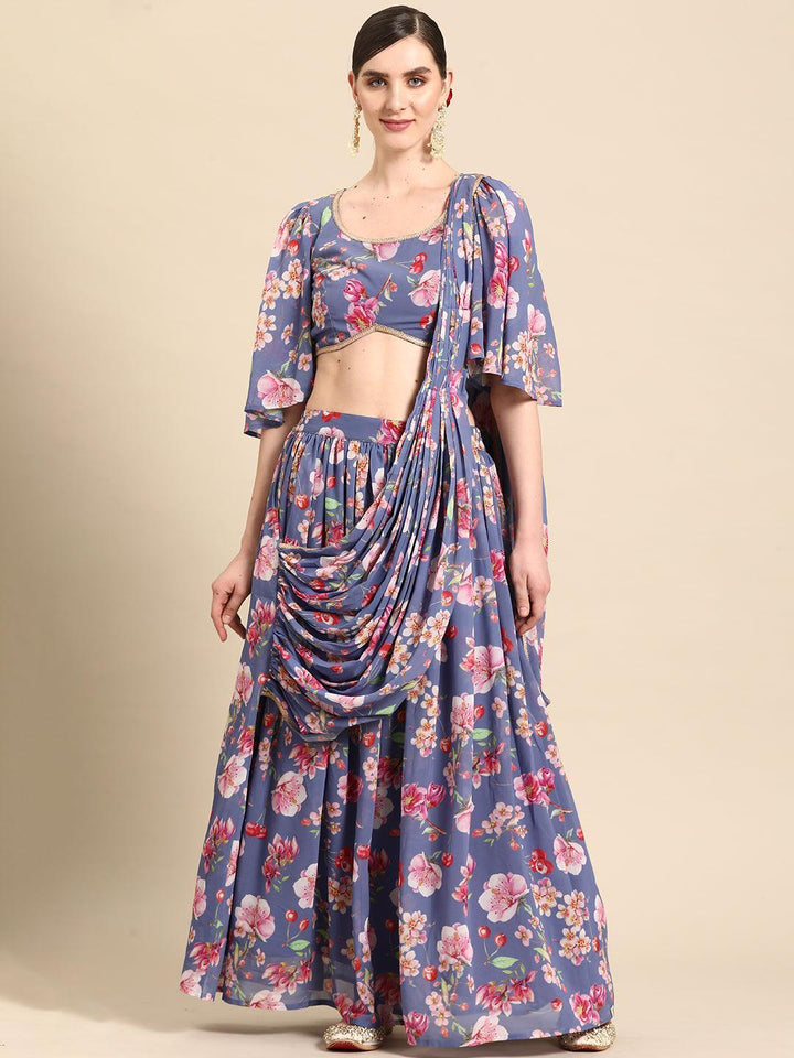 Lavender Printed Georgette Lehenga Saree