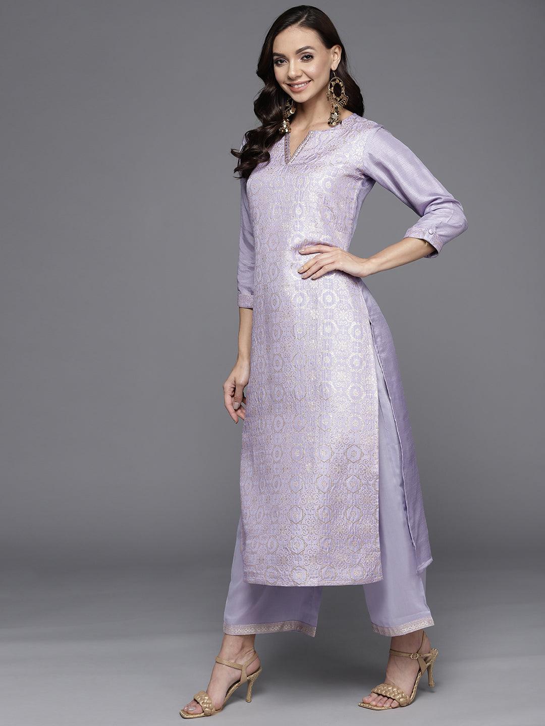Lavender Woven Design Silk Blend Straight Suit Set - ShopLibas